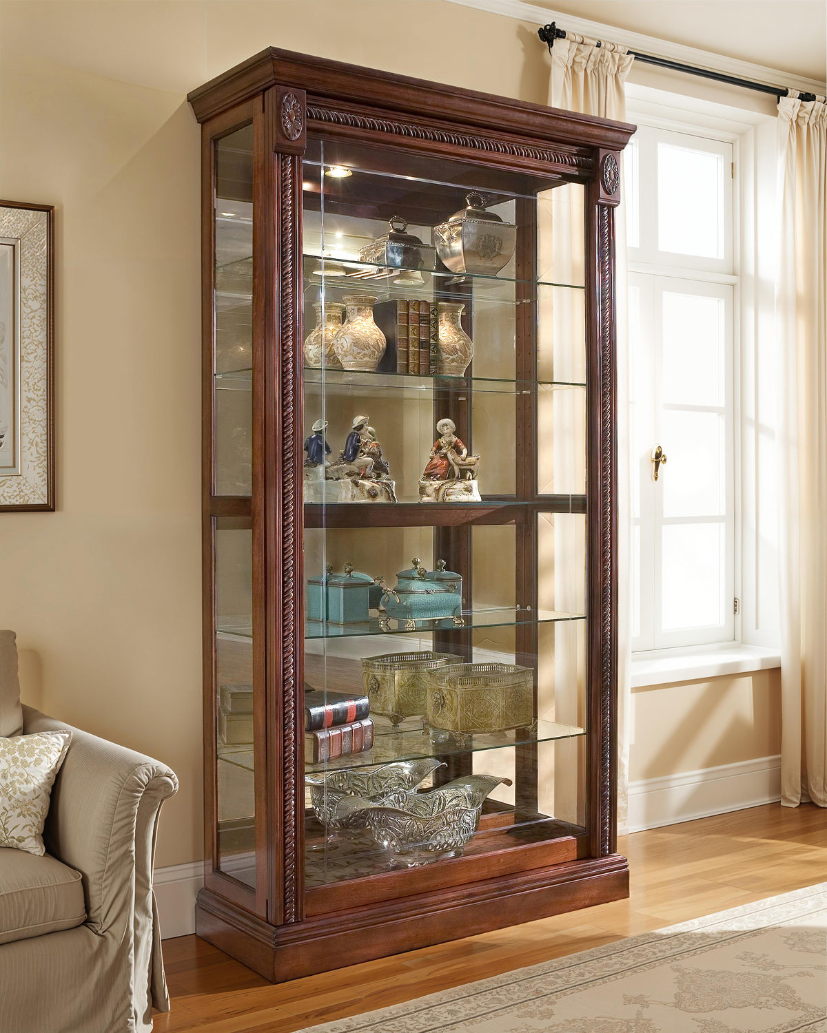 Curios Cherry Brown Lighted Sliding Door 5 Shelf Curio Cabinet - 20485