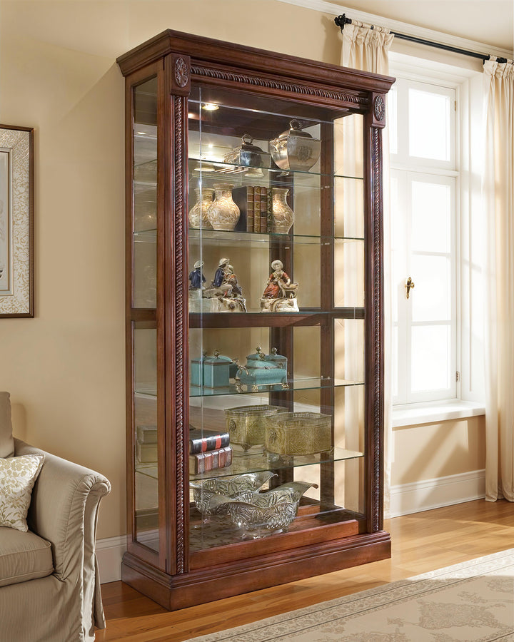 Curios Cherry Brown Lighted Sliding Door 5 Shelf Curio Cabinet - 20485