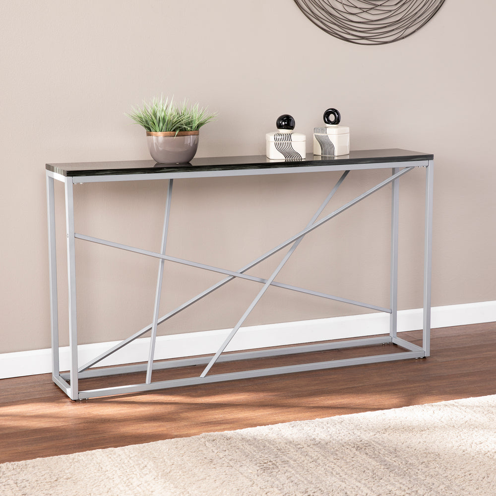 American Home Furniture | SEI Furniture - Arendal Faux Stone Skinny Console Table - Silver