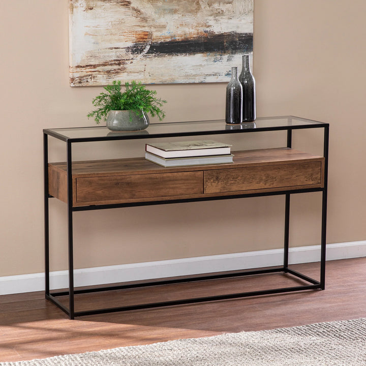 Olivern Glass-Top Console Table w/ Storage - AmericanHomeFurniture