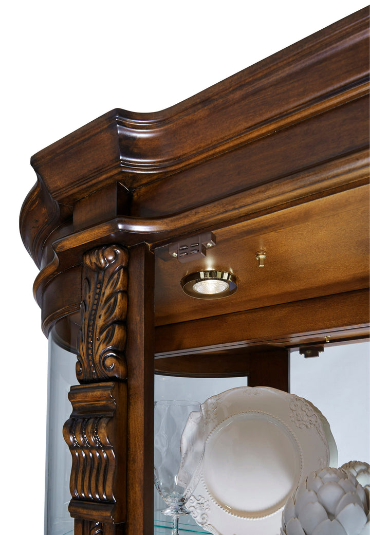 Curios Maple Brown Lighted Curved Front 4 Shelf Curio Cabinet - 102003