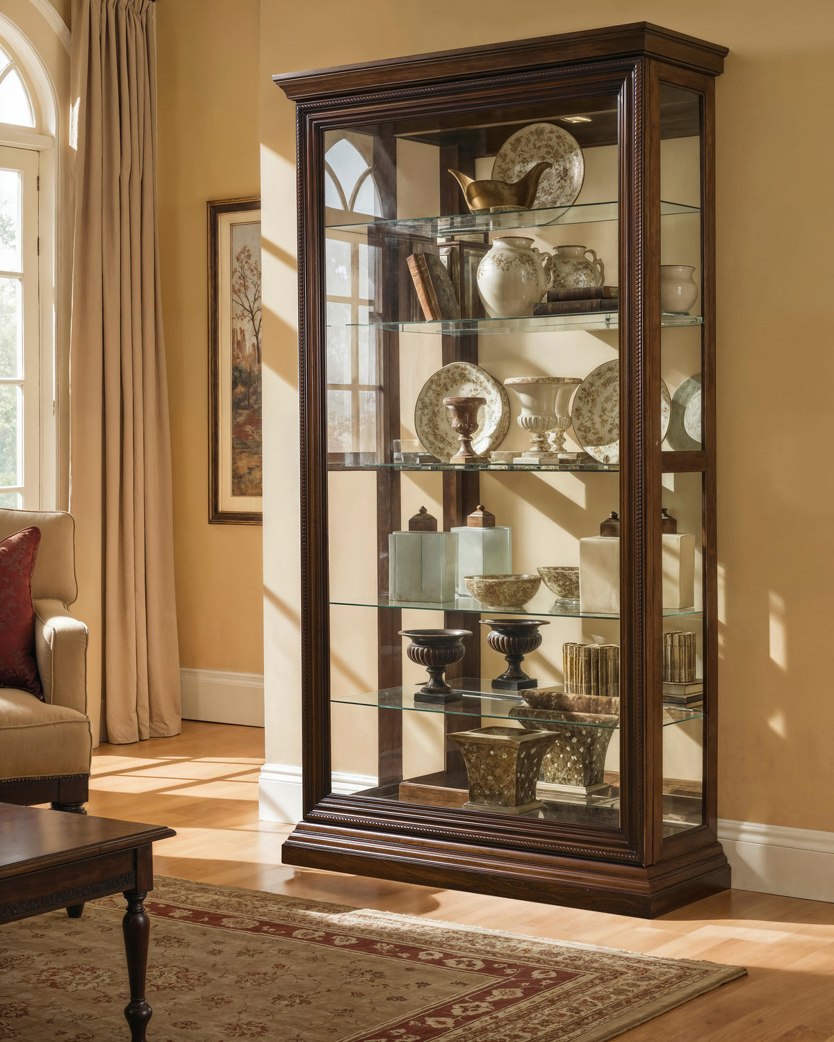 Curios Oak Brown Edwardian 5 Shelf Sliding Door Curio Cabinet - 21015