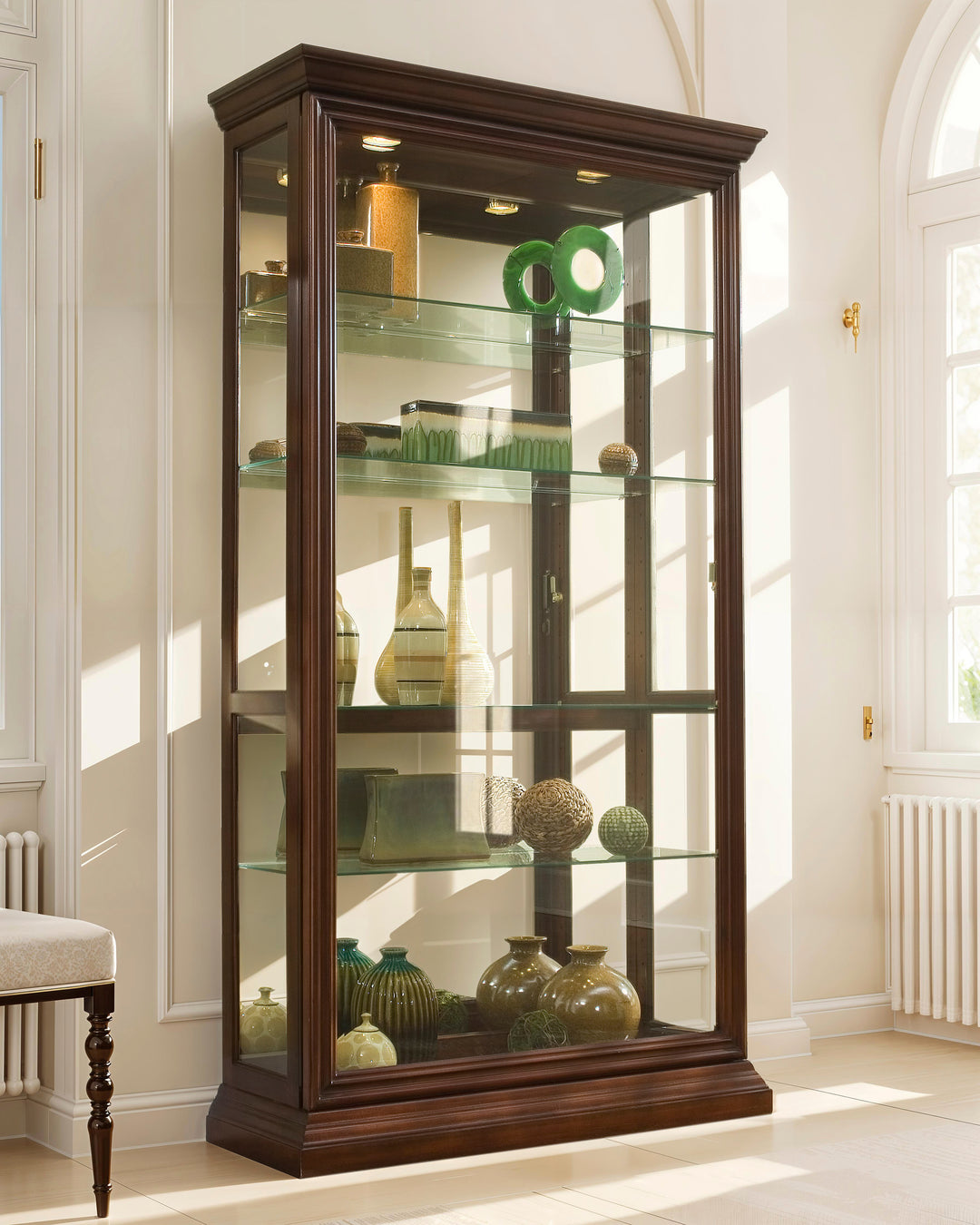 Curios Cherry Brown Lighted Sliding Door 4 Shelf Curio Cabinet - 20542