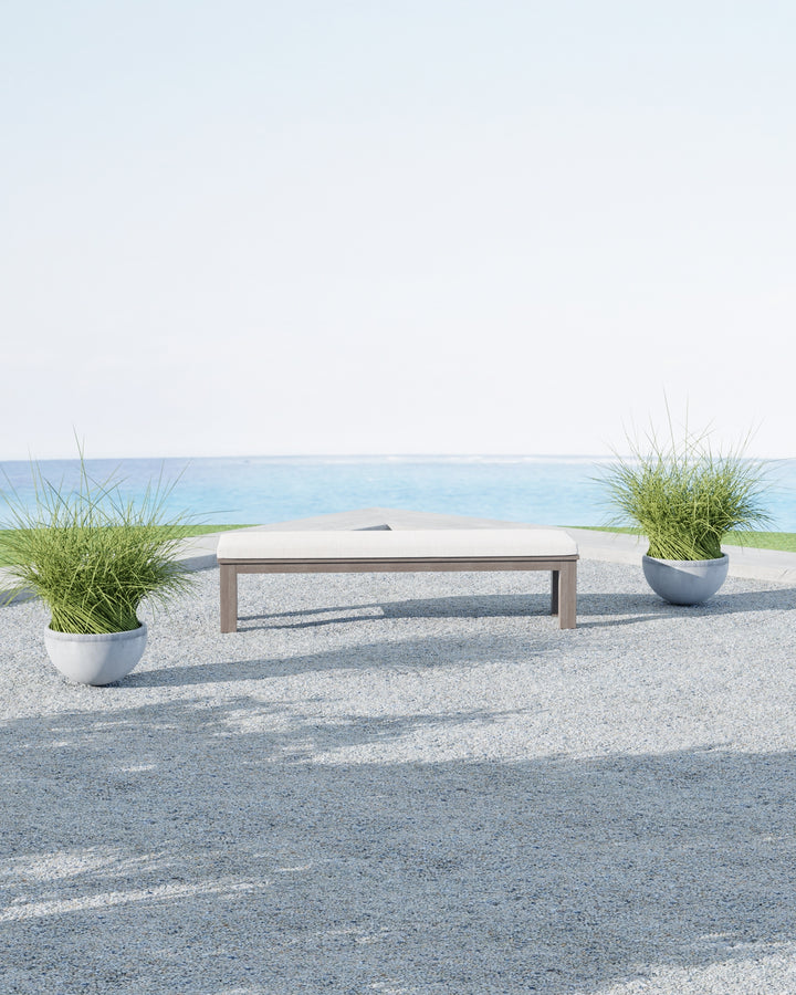 Coastal Teak Dining Bench in Canvas Skyline, No Welt