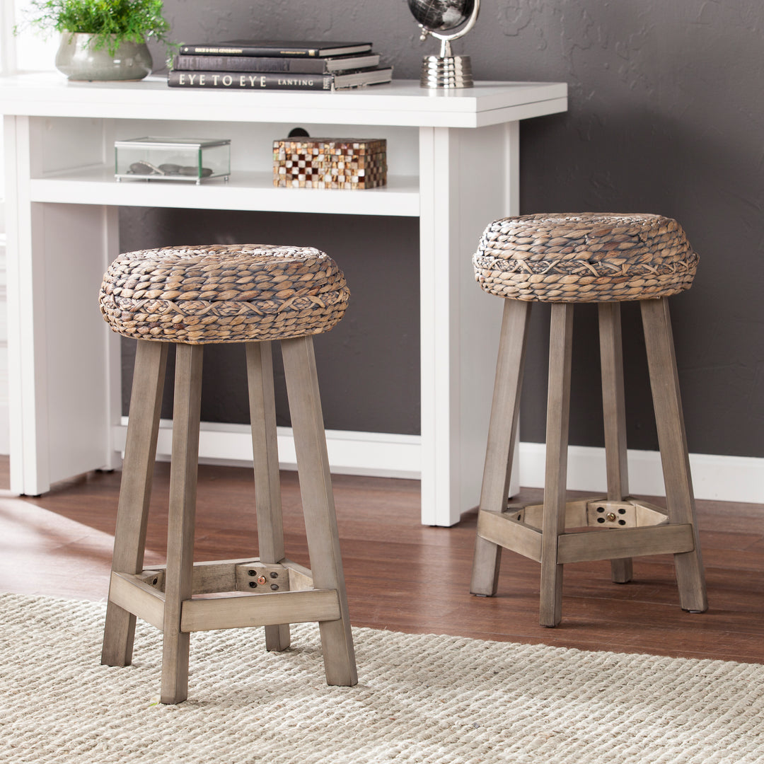 American Home Furniture | SEI Furniture - Rutina Backless Round Water Hyacinth 24" Stools 2pc Set- Weathered Gray