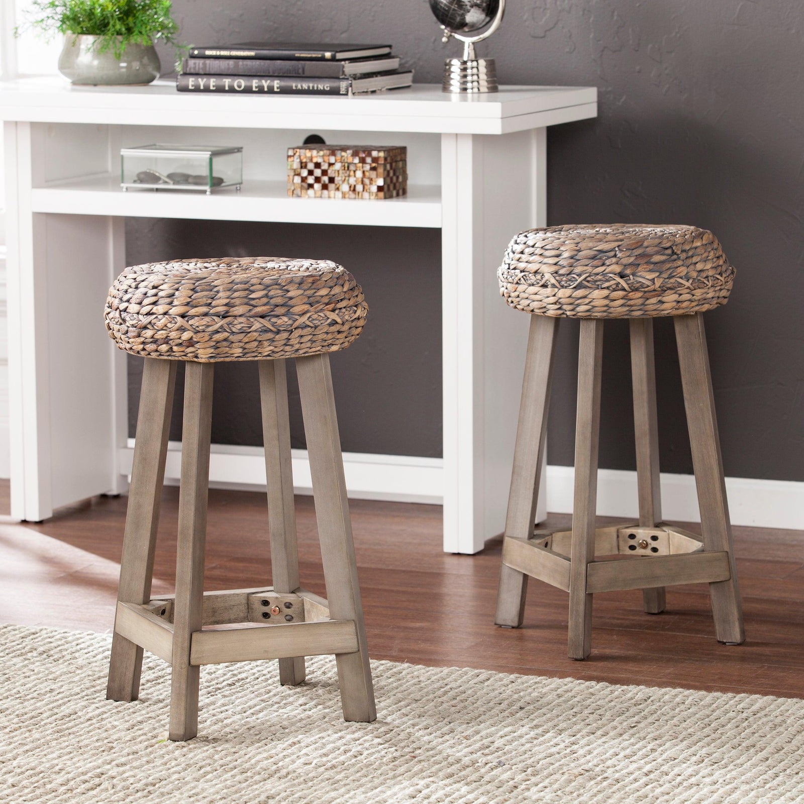SEI Furniture Rutina Backless Round Water Hyacinth 24" Stools 2pc Set- Weathered Gray BAR STOOLS + COUNTER STOOLS