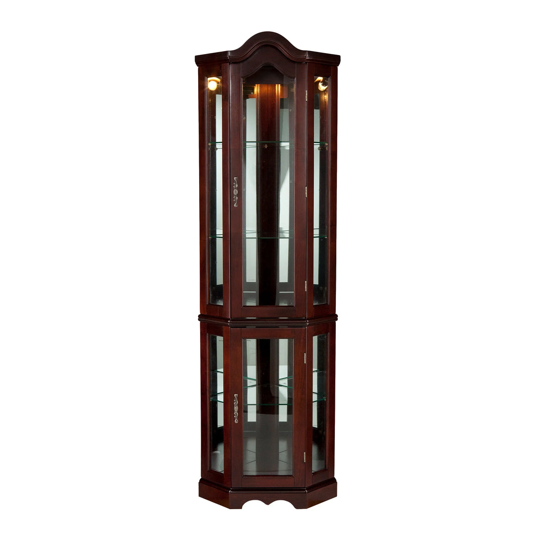 Canterdale Lighted Corner Curio Cabinet - Mahogany - AmericanHomeFurniture