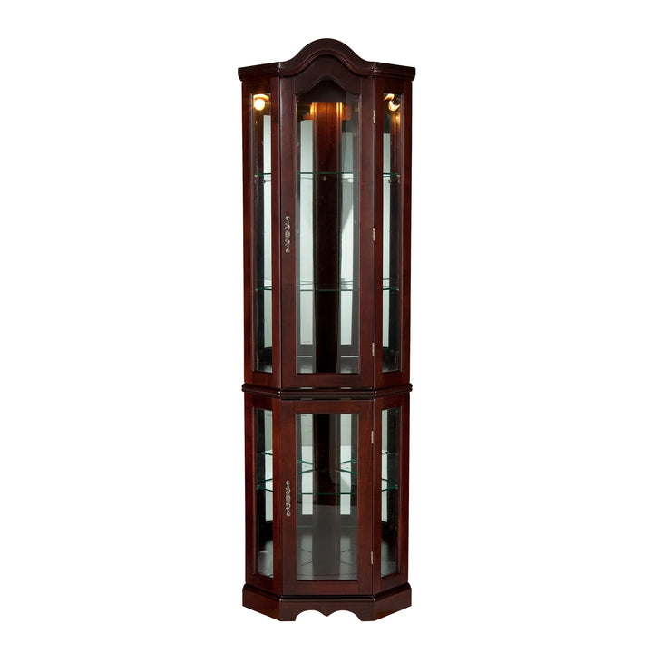 Canterdale Lighted Corner Curio Cabinet - Mahogany - AmericanHomeFurniture