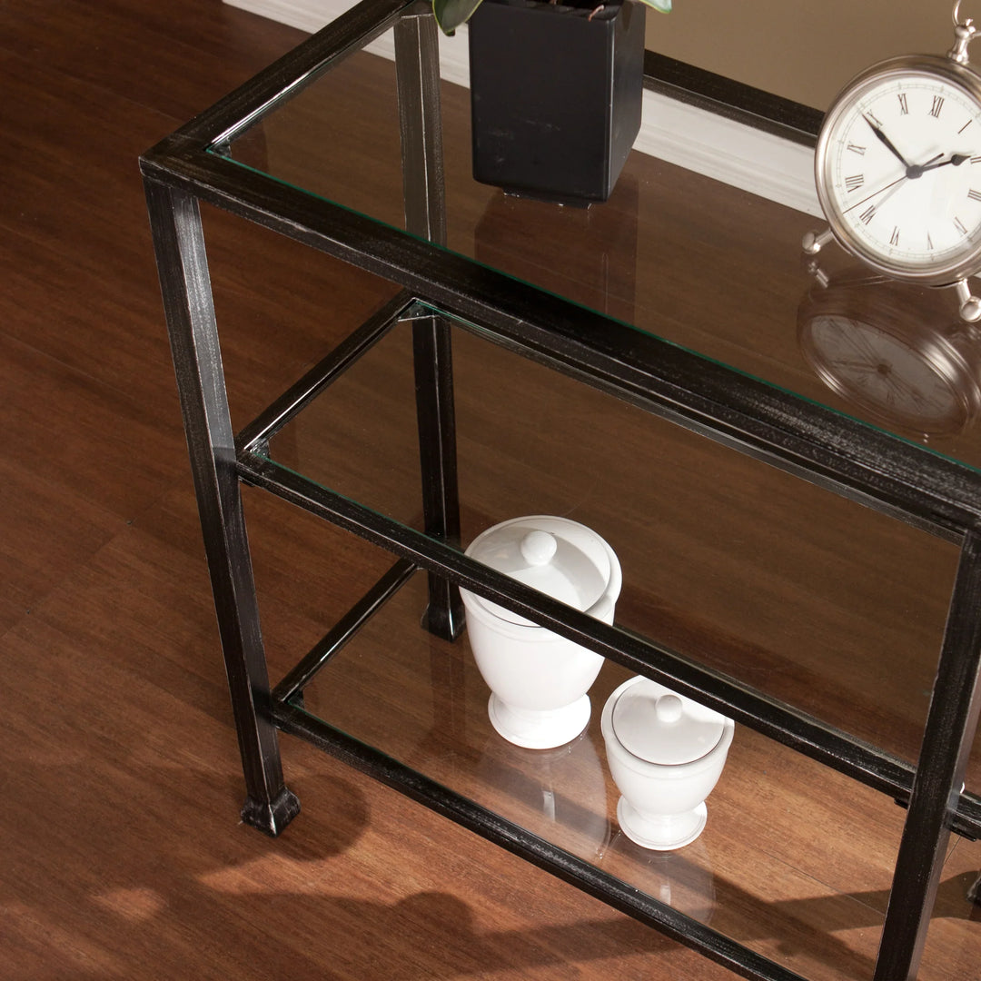 Metal/Glass 3-Tier Console Table - Distressed Black - AmericanHomeFurniture
