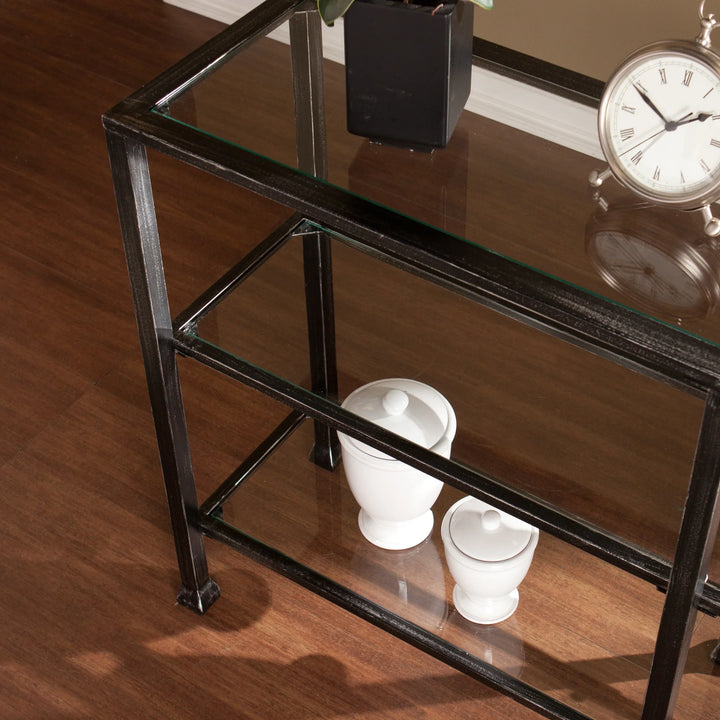 Metal/Glass 3-Tier Console Table - Distressed Black - AmericanHomeFurniture