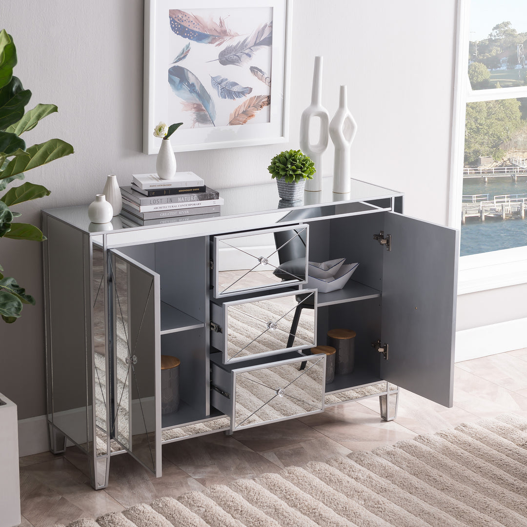 American Home Furniture | SEI Furniture - Mirage 3-Drawer Mirrored Cabinet