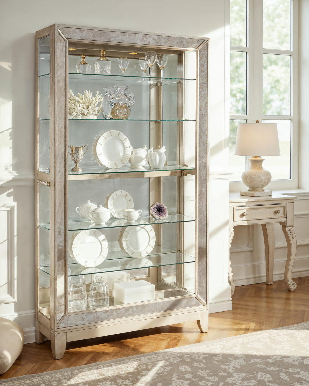 Curios Aged Silver Antique Style 5 Shelf Mirrored Curio Cabinet - 21384