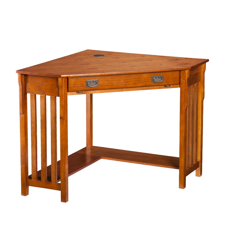 Hughton Corner Computer Desk - Mission Oak - AmericanHomeFurniture