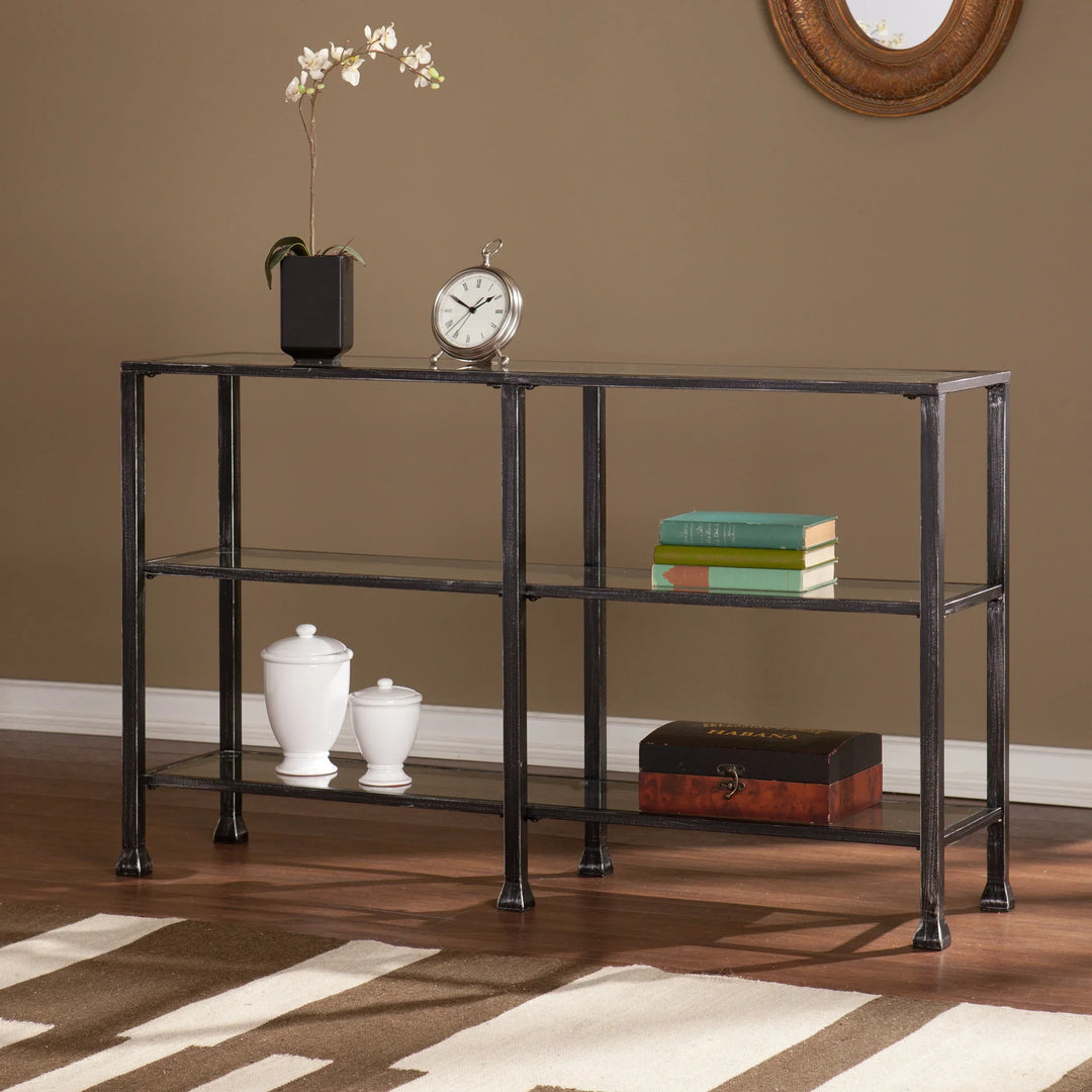 Metal/Glass 3-Tier Console Table - Distressed Black - AmericanHomeFurniture