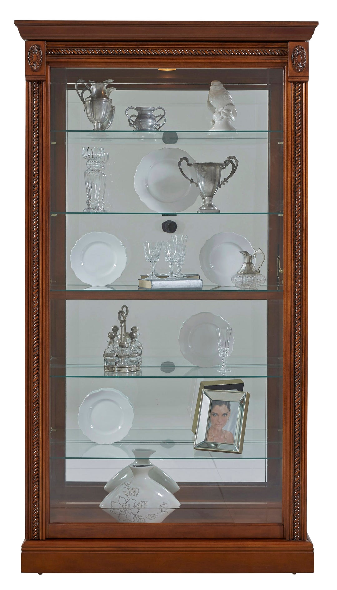 Curios Cherry Brown Lighted Sliding Door 5 Shelf Curio Cabinet - 20485