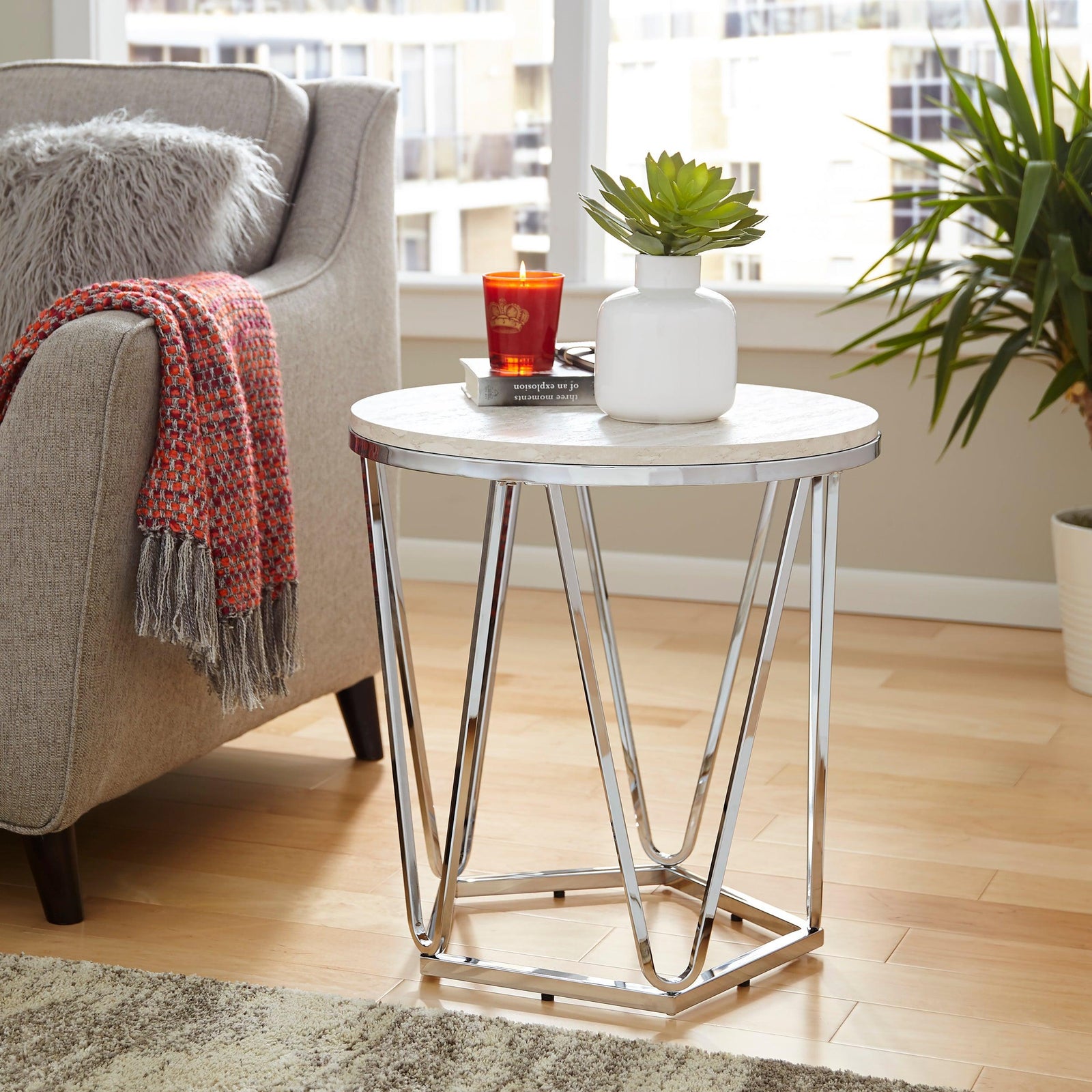 SEI Furniture Luna Round Faux Stone End Table – Silver ACCENT TABLES