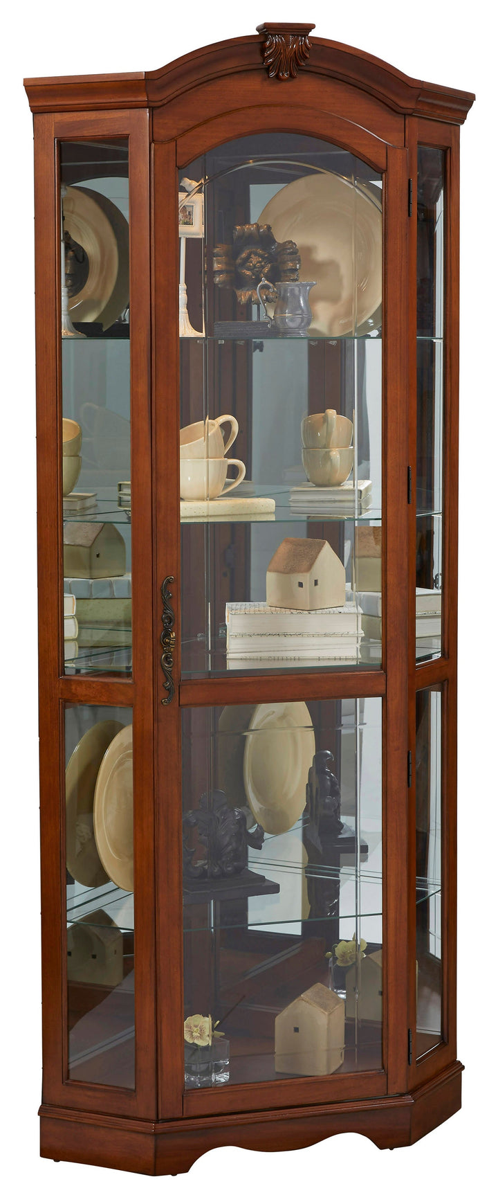 Curios Warm Cherry Brown Mirrored Corner Curio Cabinet - 20671