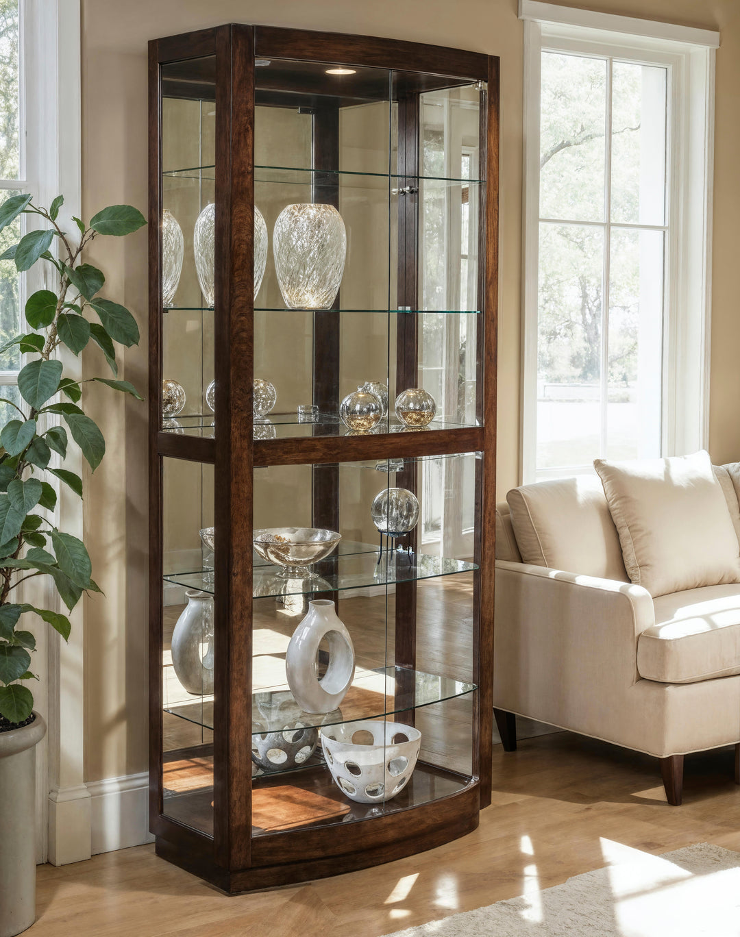 Curios Mahogany Brown Curved Front 5 Shelf Curio Cabinet - 21221