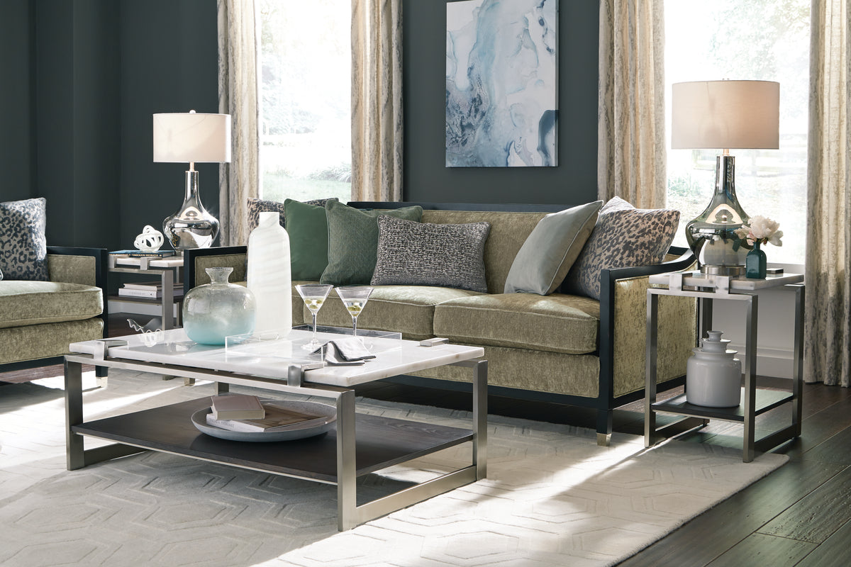 Paradox Pearl White And Roasted Almond And Brushed Platinum Rectangular Cocktail Table - T4852-43