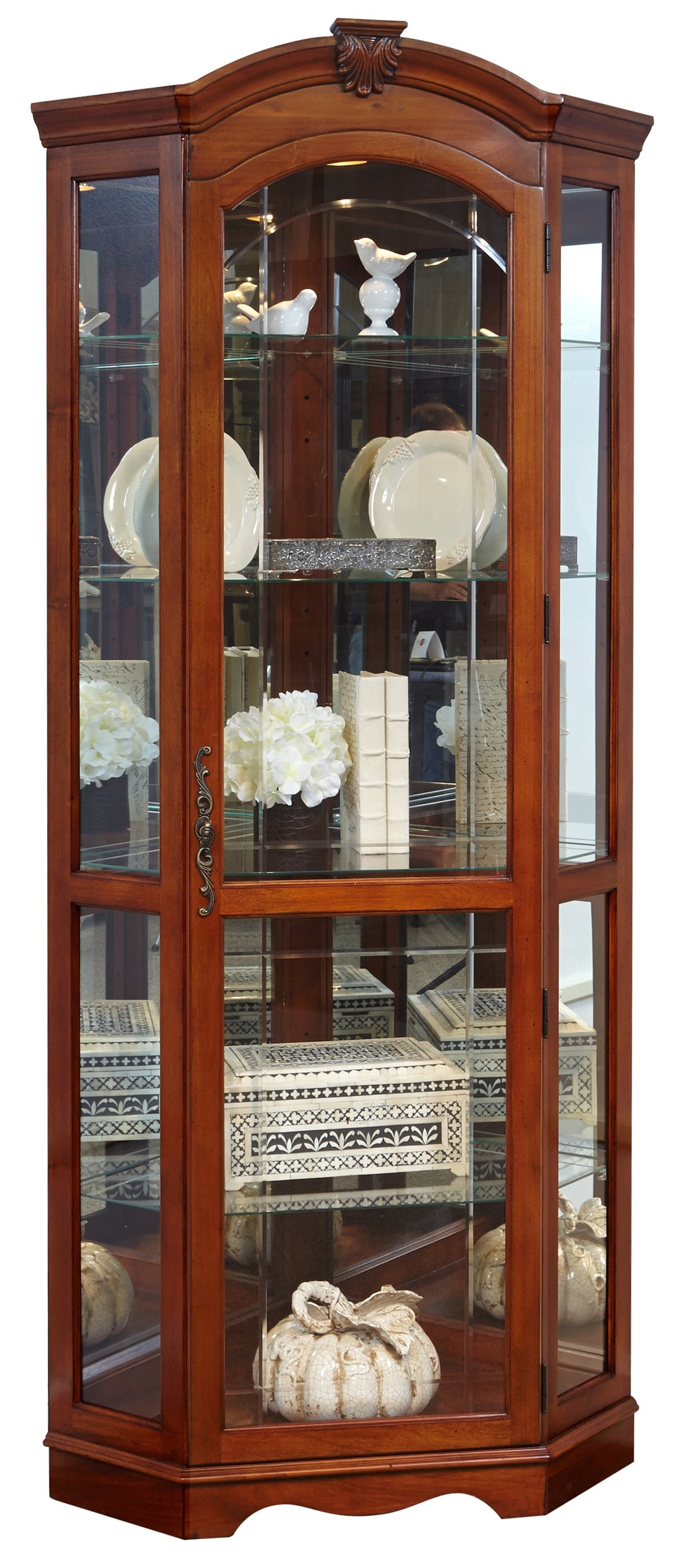 Curios Warm Cherry Brown Mirrored Corner Curio Cabinet - 20671