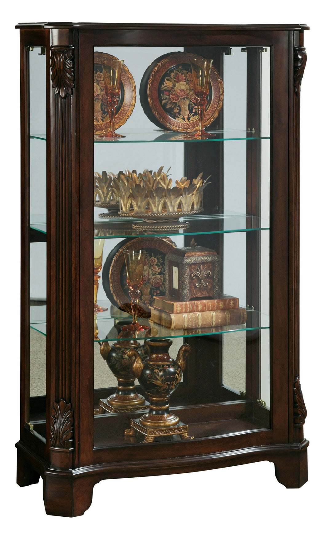 Curios Cherry Brown Distinguished Carved 3 Shelf Curio Cabinet - 21429