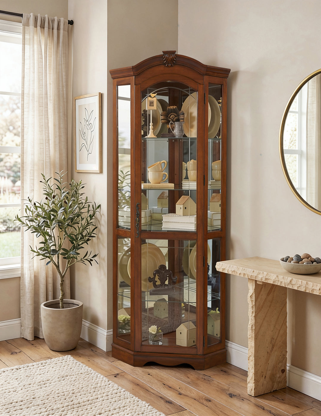 Curios Warm Cherry Brown Mirrored Corner Curio Cabinet - 20671