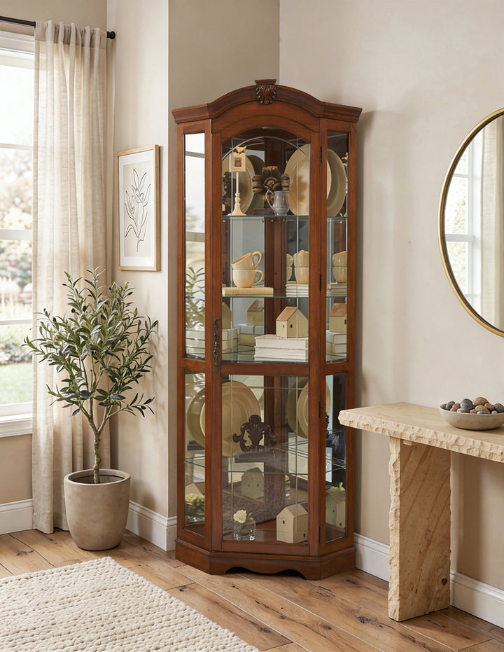 Curios Warm Cherry Brown Mirrored Corner Curio Cabinet - 20671