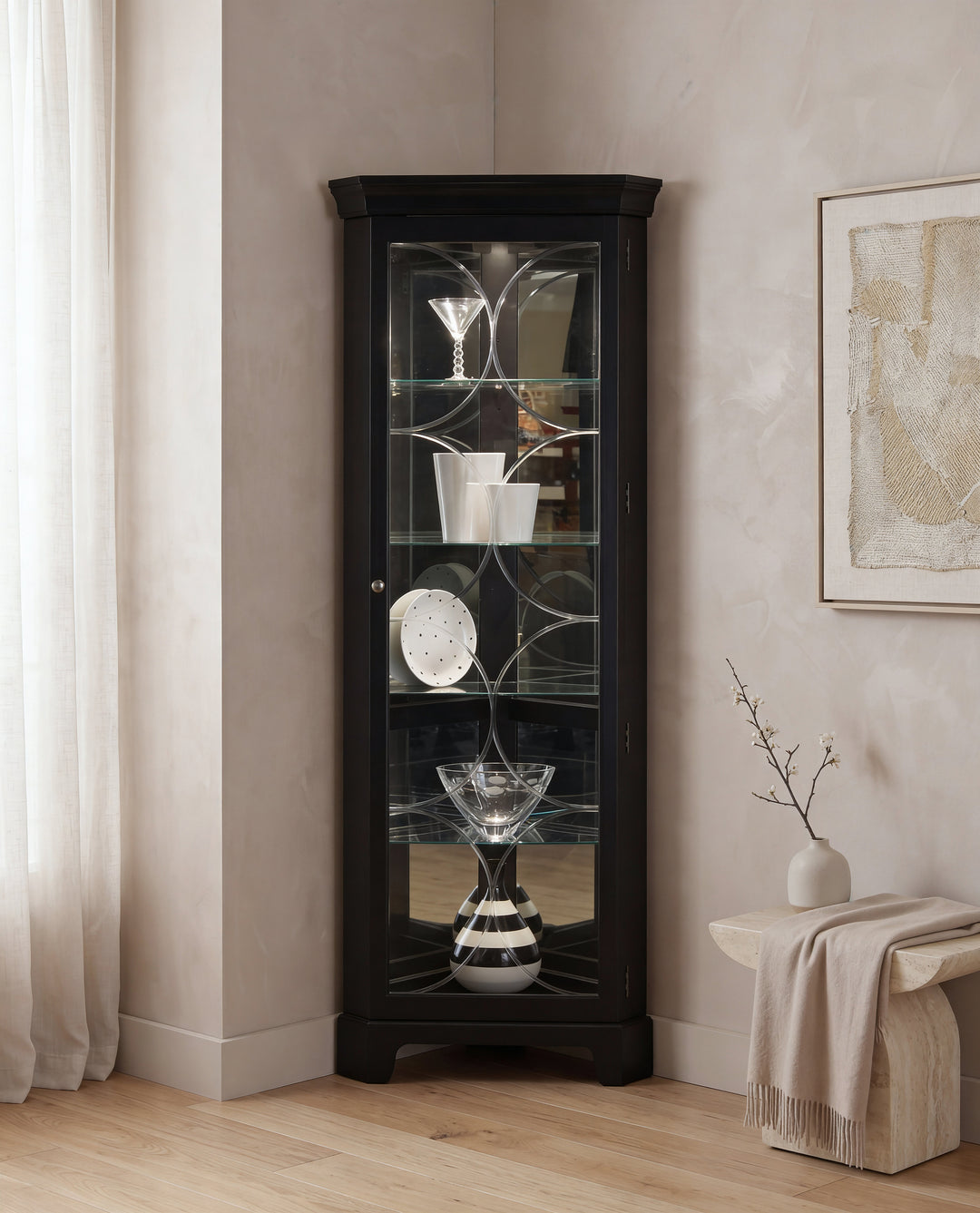 Curios Oxford Black Lighted 4 Shelf Corner Curio Cabinet - 21220