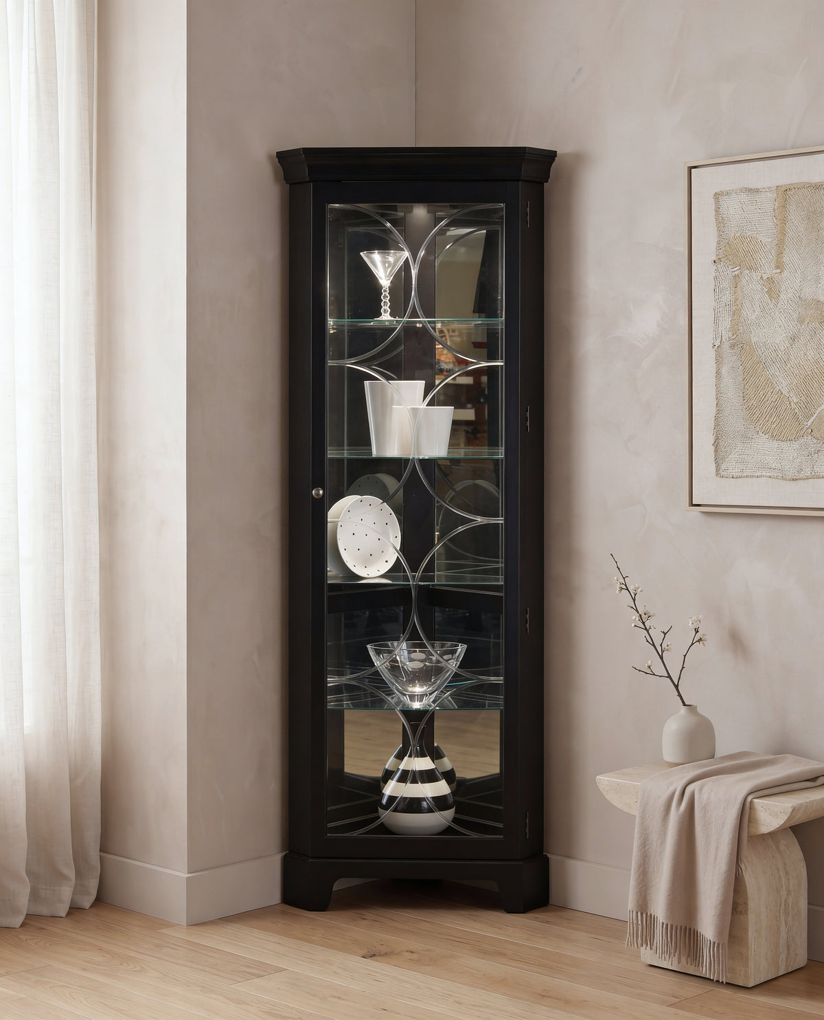 Curios Oxford Black Lighted 4 Shelf Corner Curio Cabinet - 21220