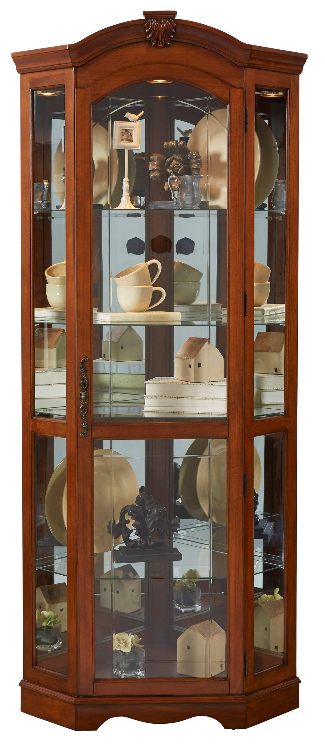 Curios Warm Cherry Brown Mirrored Corner Curio Cabinet - 20671