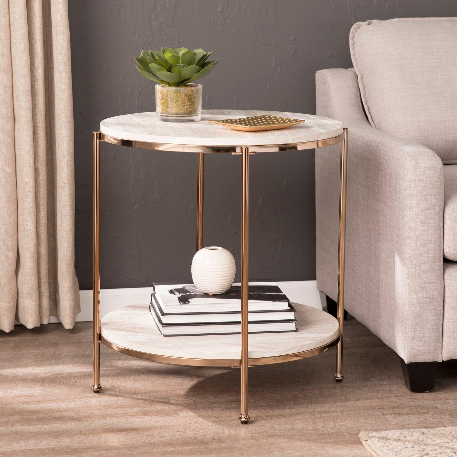 SEI Furniture Silas Round Faux Stone End Table - Beige ACCENT TABLES