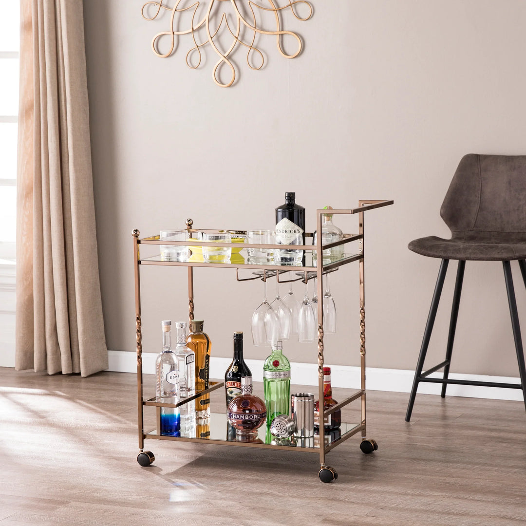 Ivers Metal Mirrored Bar Cart - Champagne - AmericanHomeFurniture