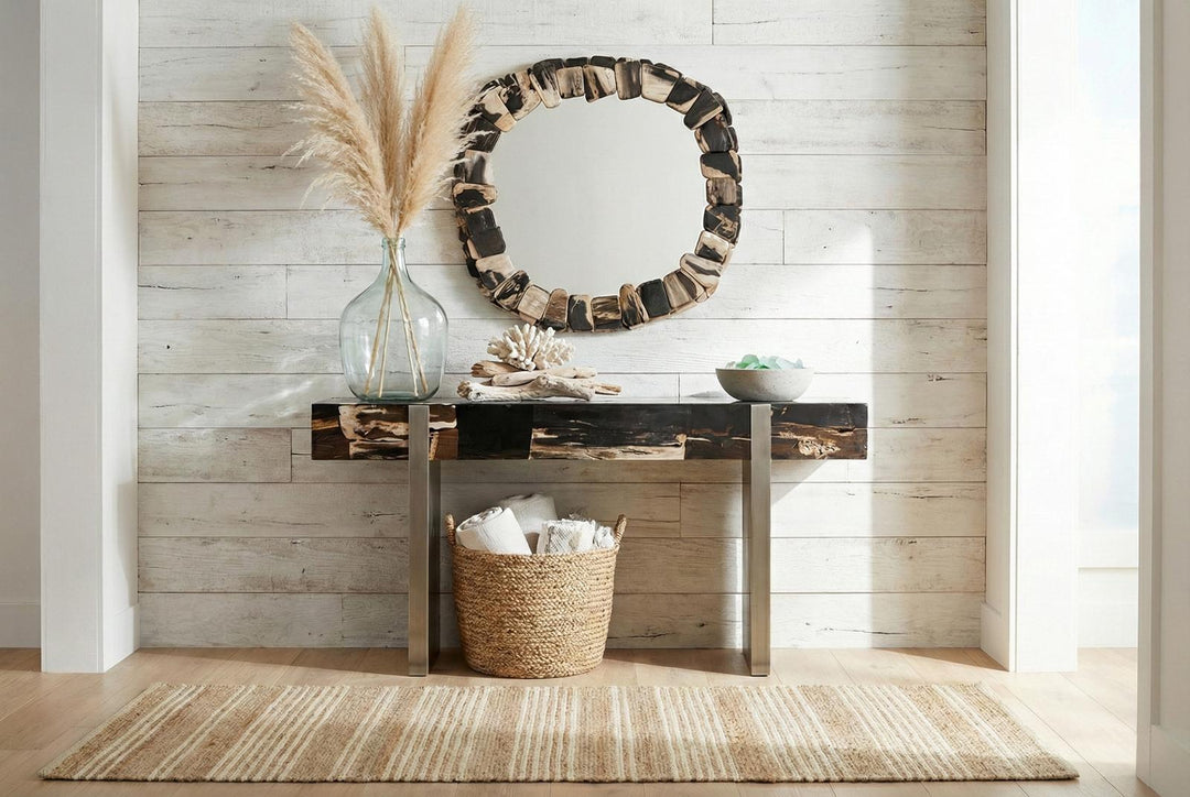 Stacked Pebble Petrified Mirror in setting