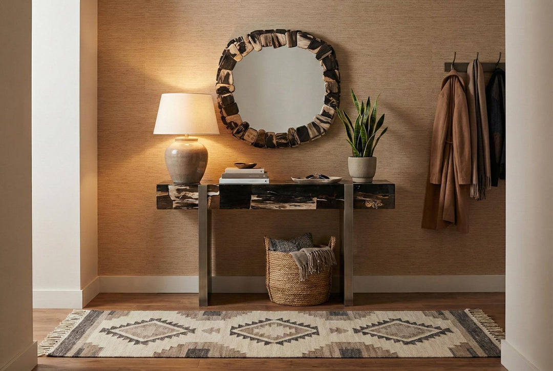 Stacked Pebble Petrified Mirror in setting
