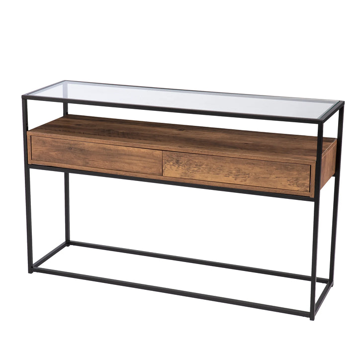 Olivern Glass-Top Console Table w/ Storage - AmericanHomeFurniture