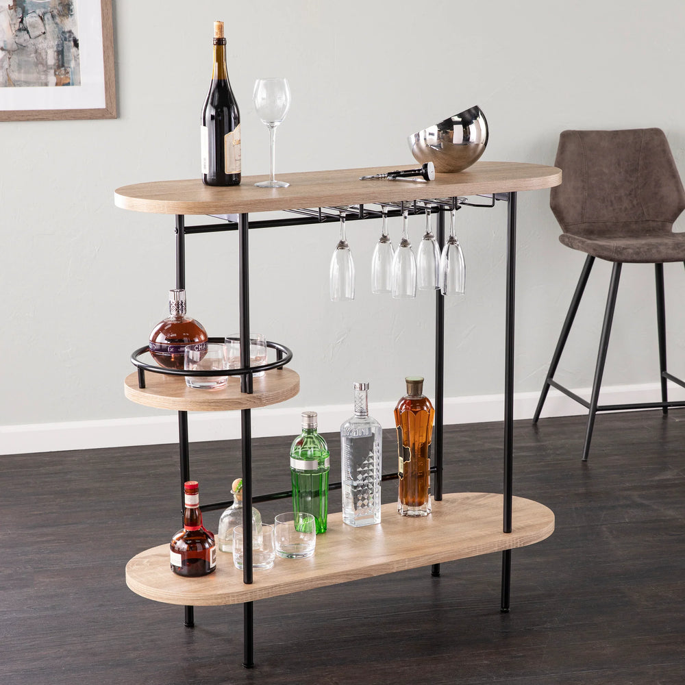 Dagney Wine/Bar Table w/ Glassware Storage – Natural and Black Finish - AmericanHomeFurniture