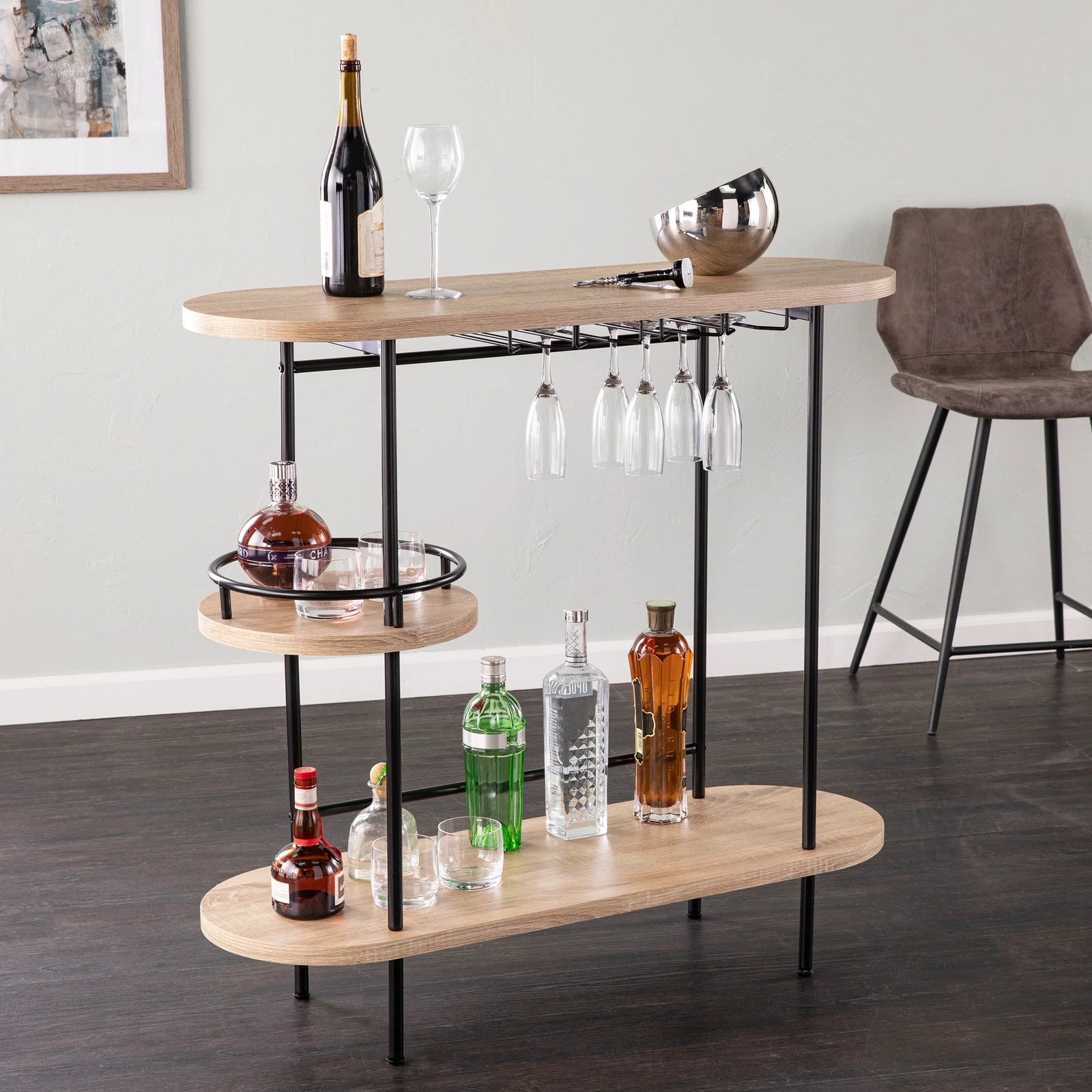 SEI Furniture Dagney Wine/Bar Table w/ Glassware Storage – Natural and Black Finish BAR + BAR CARTS