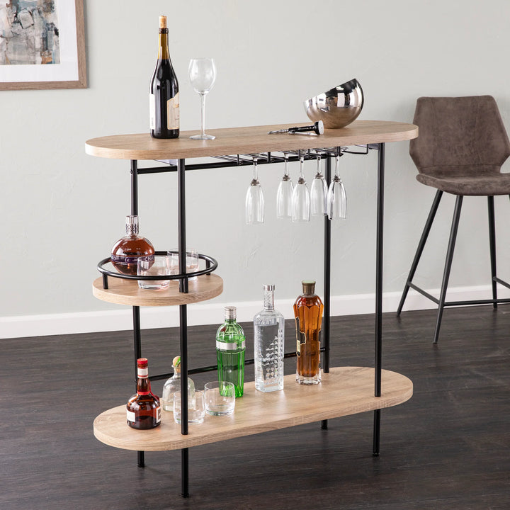 Dagney Wine/Bar Table w/ Glassware Storage – Natural and Black Finish - AmericanHomeFurniture