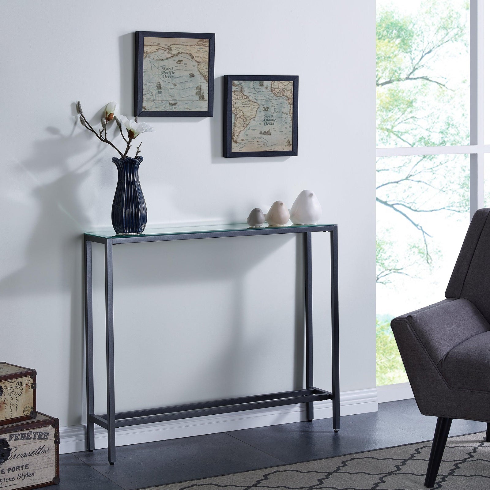 SEI Furniture Darrin Narrow Mini Console Table w/ Mirrored Top – Gunmetal Gray CONSOLE TABLES