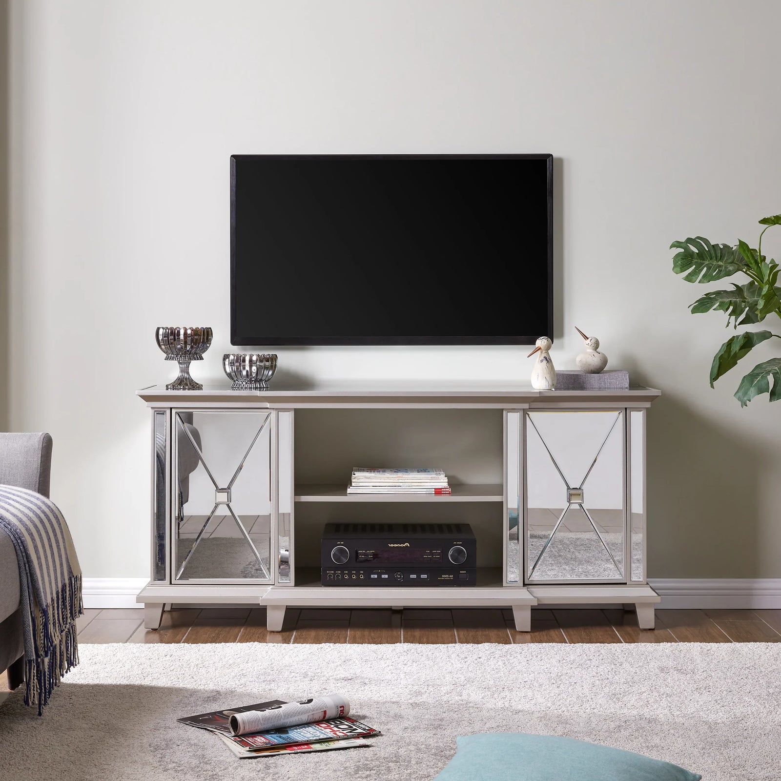 SEI Furniture Toppington Mirrored Media Console w/ Storage - Silver MEDIA + TV STANDS