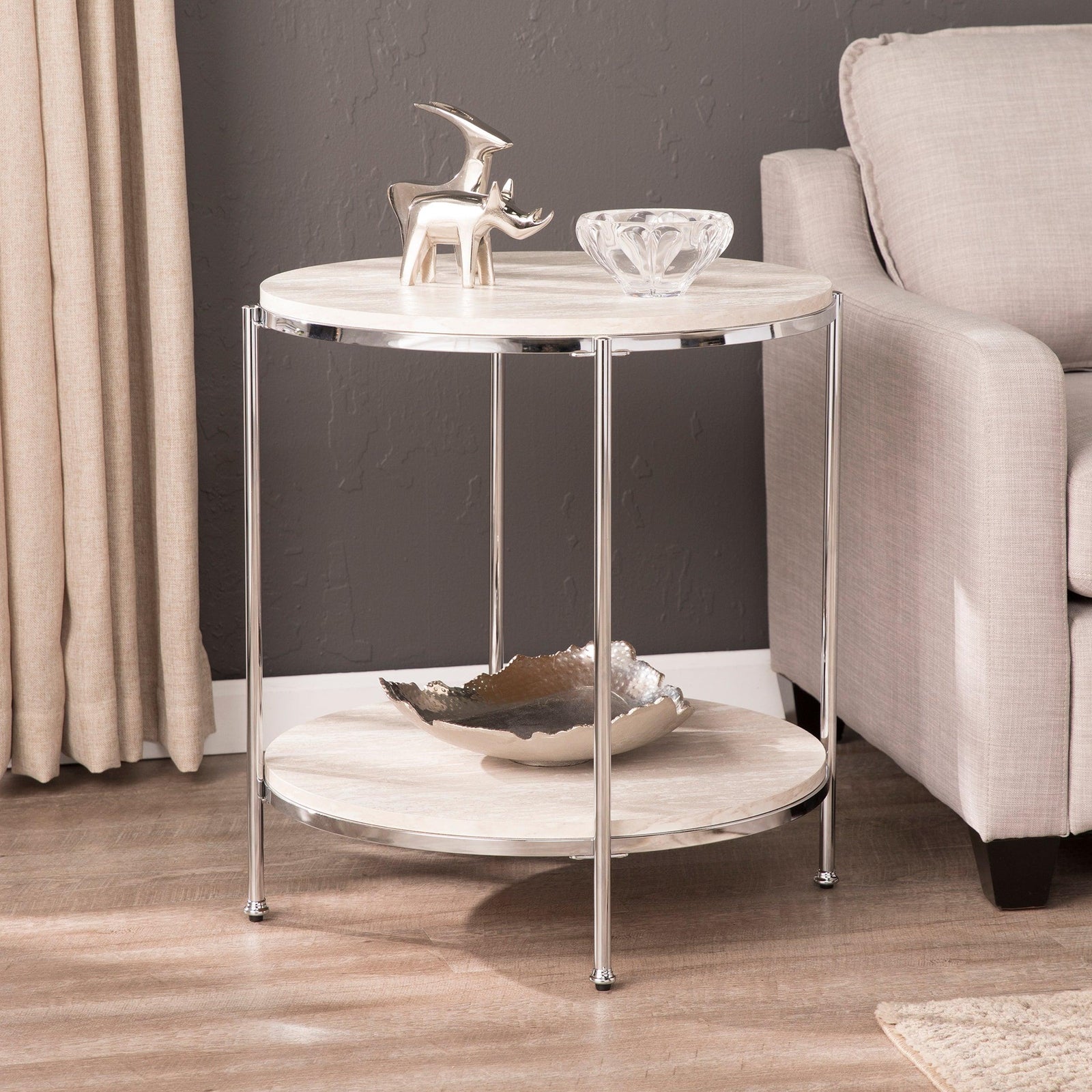 SEI Furniture Silas Round Faux Stone End Table - Chrome ACCENT TABLES