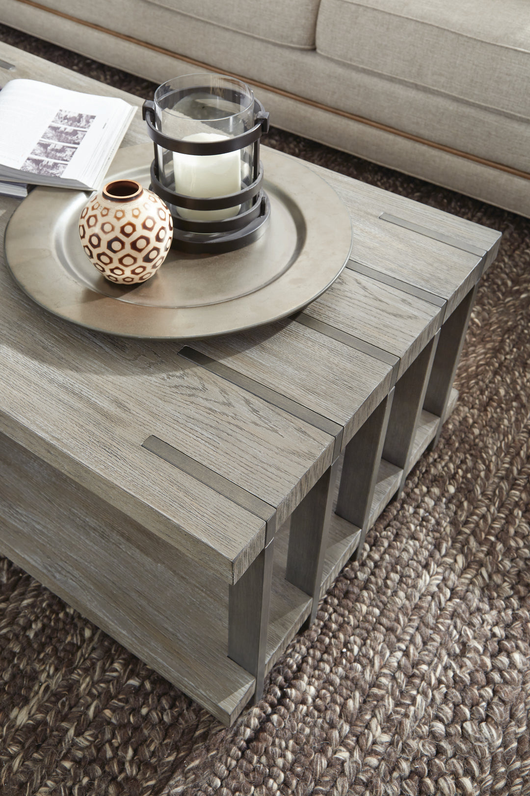 Eldridge Weathered Gravel And Satin Bronze Rectangular Cocktail Table With Casters - T4917-43