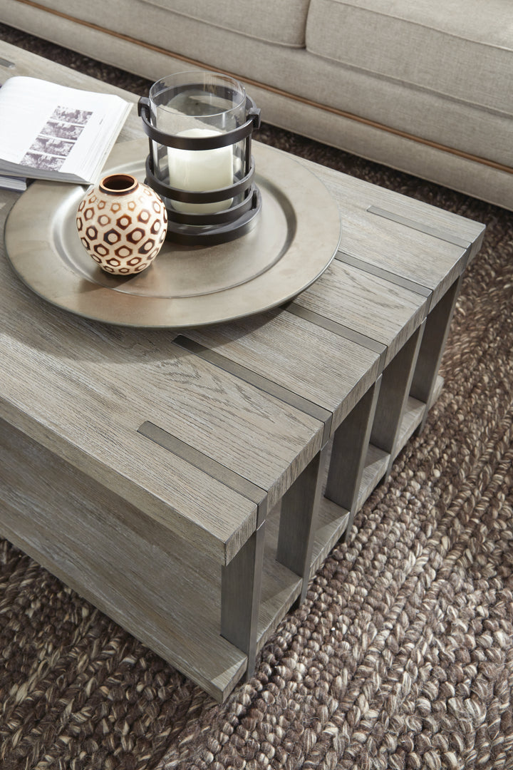Eldridge Weathered Gravel And Satin Bronze Rectangular Cocktail Table With Casters - T4917-43
