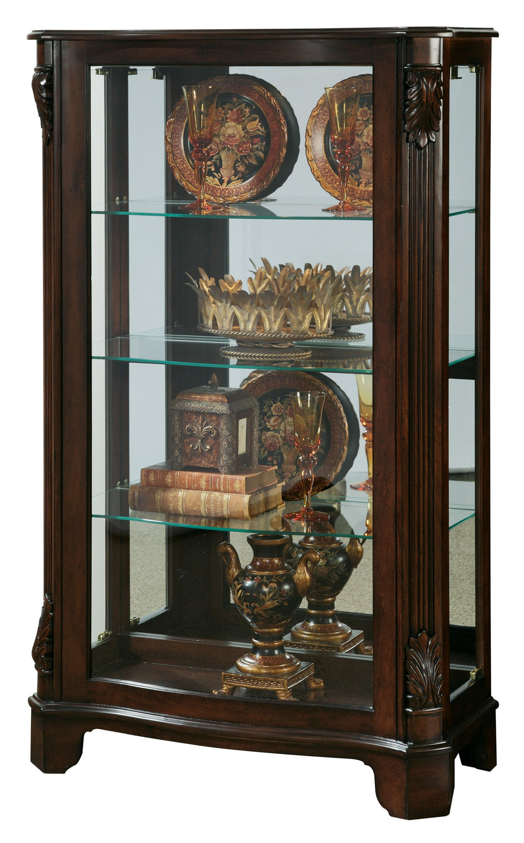 Curios Cherry Brown Distinguished Carved 3 Shelf Curio Cabinet - 21429