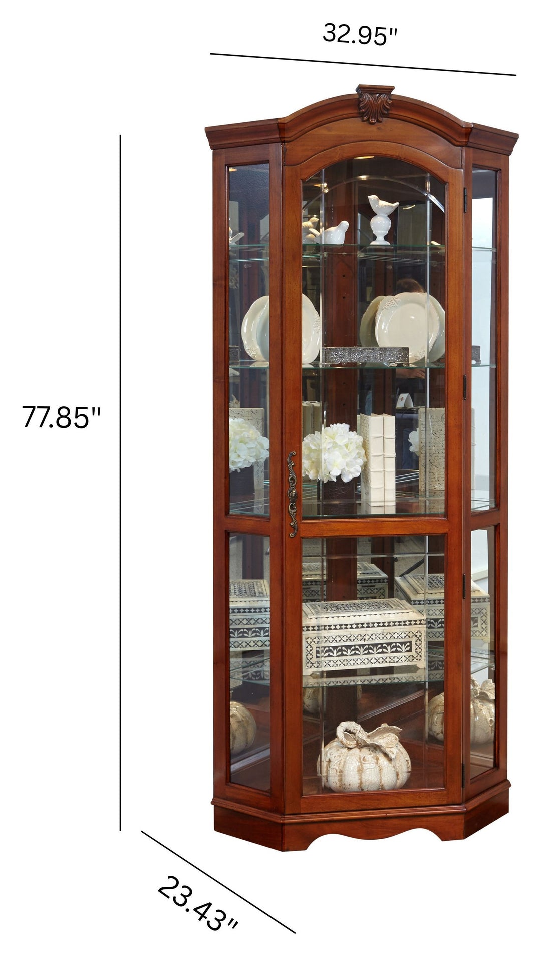Curios Warm Cherry Brown Mirrored Corner Curio Cabinet - 20671