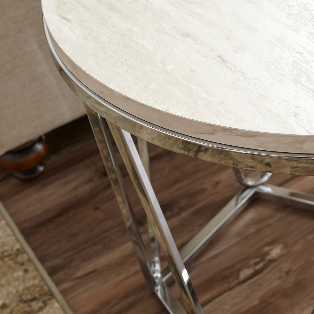 American Home Furniture | SEI Furniture - Luna Round Faux Stone End Table – Silver