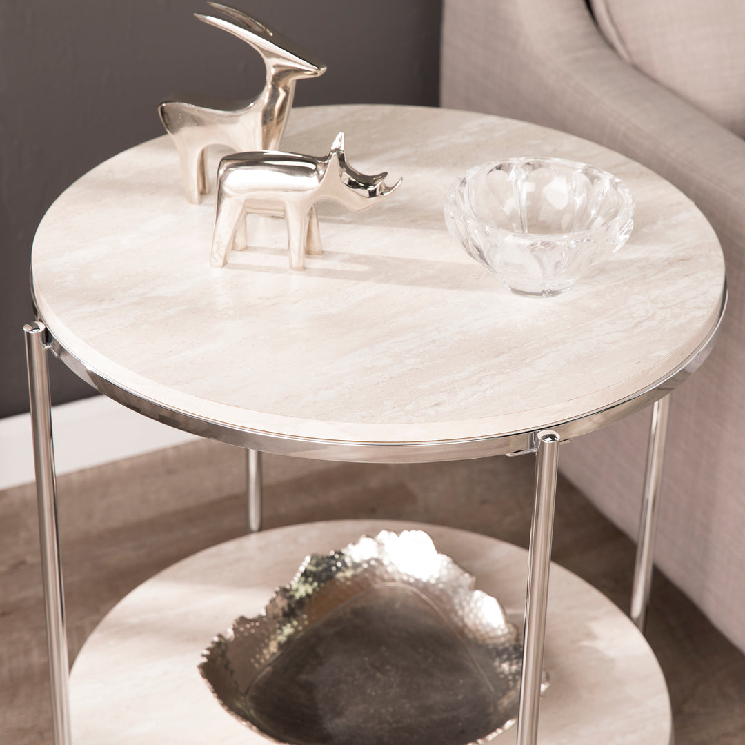 American Home Furniture | SEI Furniture - Silas Round Faux Stone End Table - Chrome