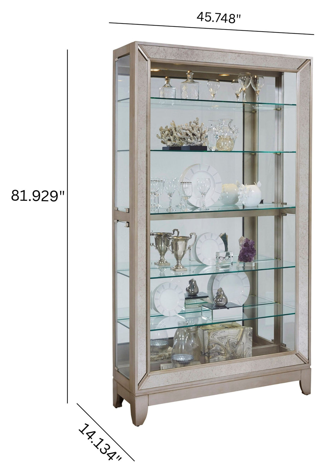 Curios Aged Silver Antique Style 5 Shelf Mirrored Curio Cabinet - 21384