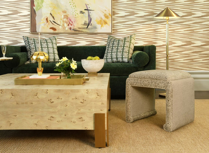 Square Chunk Coffee Table With Antique Brass Leg Brackets In Burl Wood - ENID BW