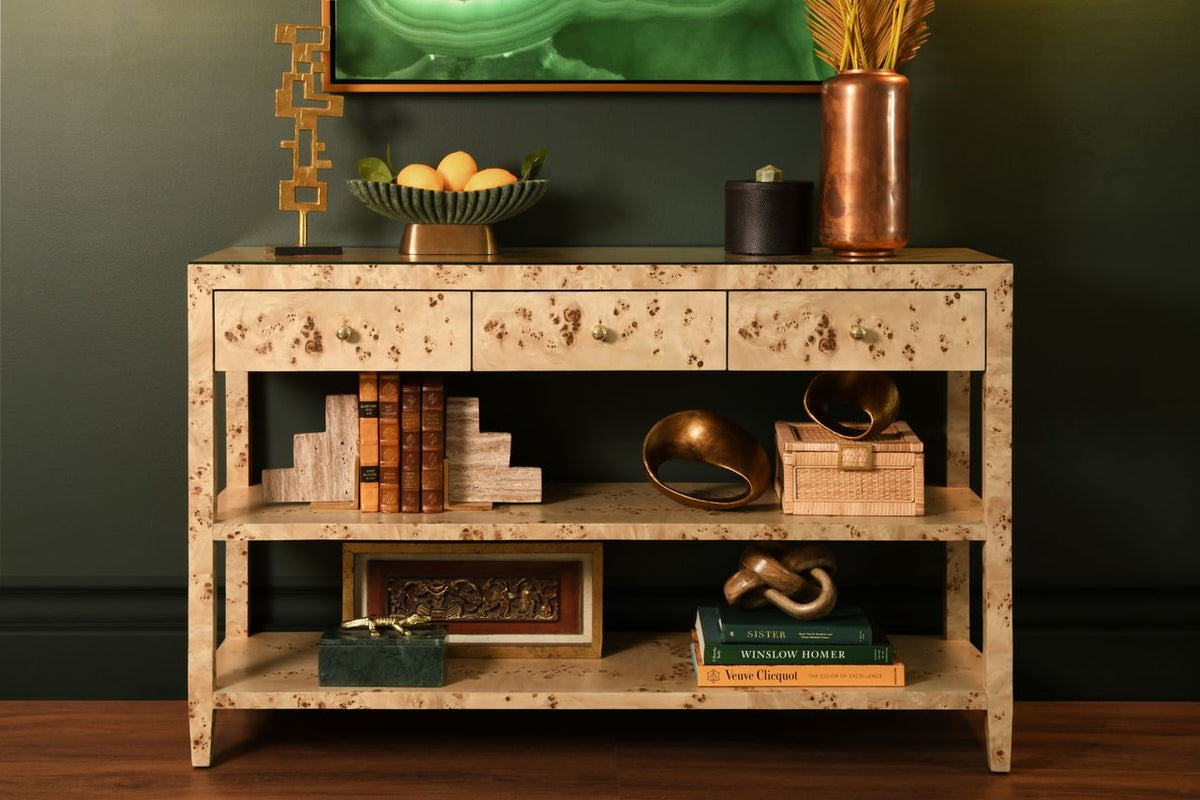 Three Drawer Console With Two Open Shelves In Burl Wood With Polished Brass Knobs - BRIAR BW